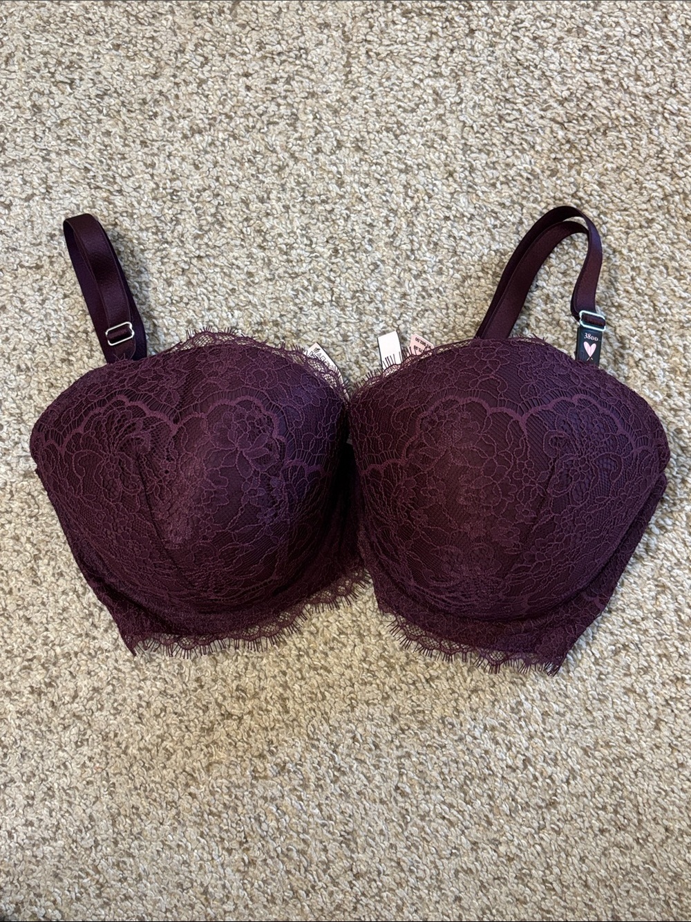NWT Victoria's Secret Dream Angels Lined Demi Bra Floral Lace Plum Size 38DD
